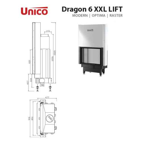 Камин с большой дверцей Unico DRAGON 6 XXL Modern Lift 12кВт