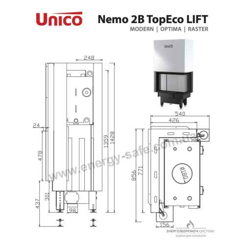 Кутова камінная топка Unico NEMO 2B Modern LIFT 15кВт 