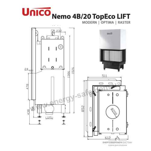 Кутова камінна топка Unico NEMO 4B Slim Modern LIFT, 20кВт
