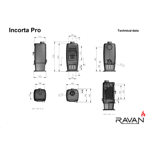 Чугунная дровяная печь-камин Ravan Incorta Pro 14 кВт