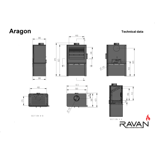 Чугунная дровяная печь-камин Ravan Aragon 16 кВт для эффективного отопления
