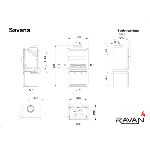 Чугунная печь камин Ravan Savana 8 кВт